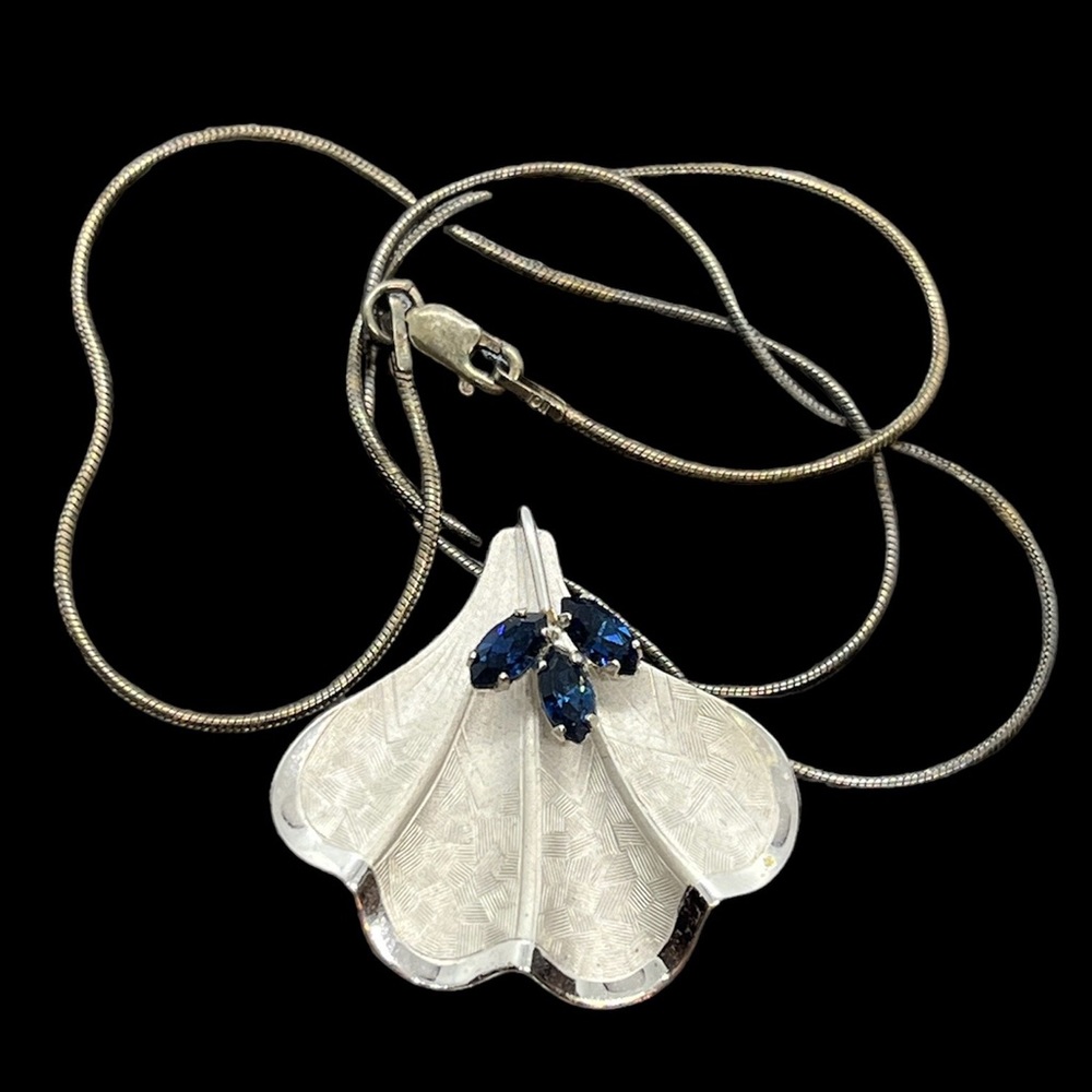 Sterling silver ginkgo leaf pendant on necklace blue stones brooch pin signed